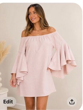 NTW Romeo & Juliet Off-Shoulder Ruffle Sleeve Dress in Blush Pink Small